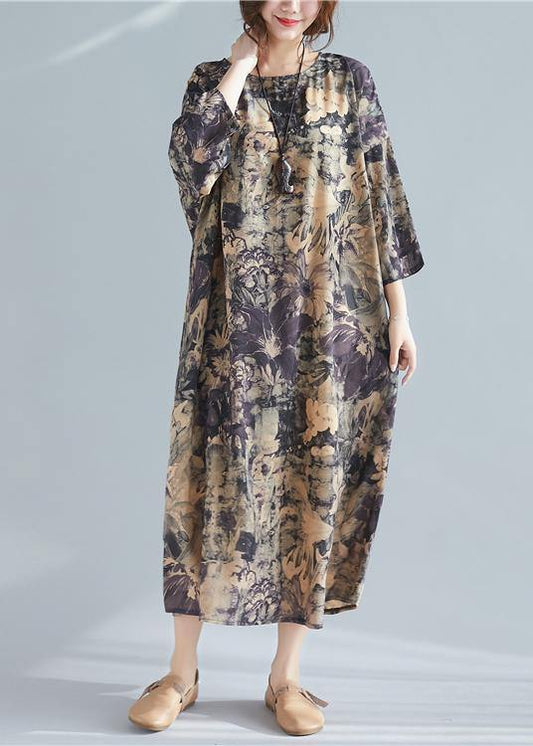 Italian O Neck Pockets Spring Tunics Shape Print  Dresses - SooLinen