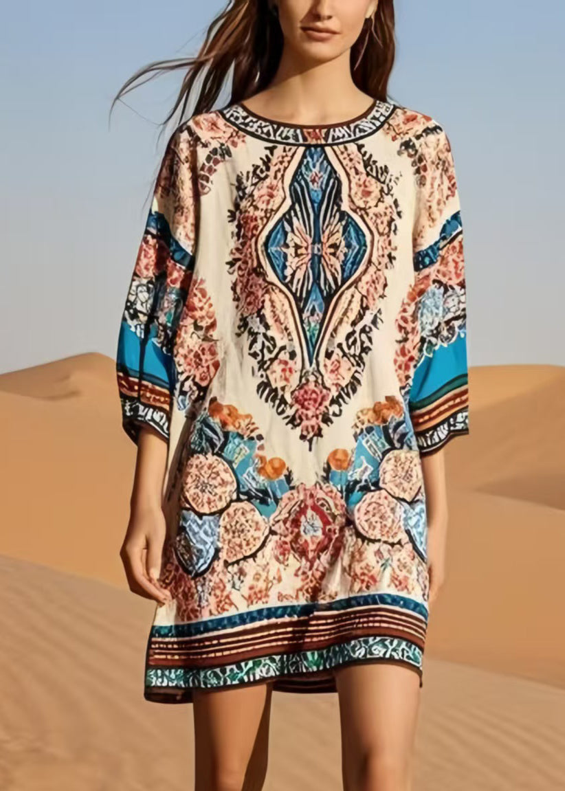 Italian O-Neck Print Cotton Tea Dress Bracelet Sleeve