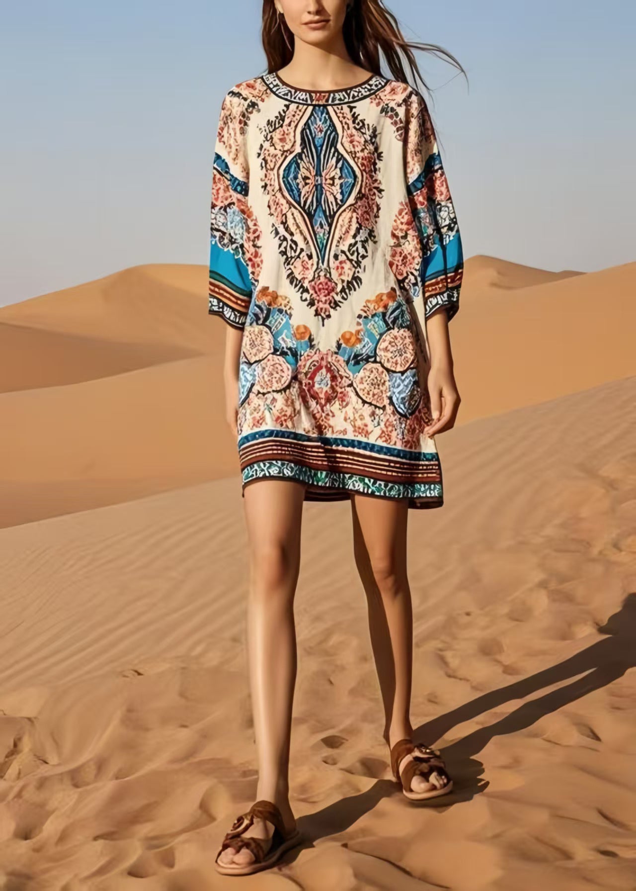 Italian O-Neck Print Cotton Tea Dress Bracelet Sleeve