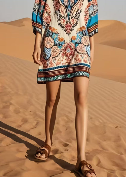 Italian O-Neck Print Cotton Tea Dress Bracelet Sleeve