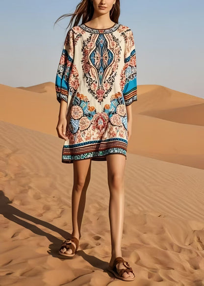 Italian O-Neck Print Cotton Tea Dress Bracelet Sleeve