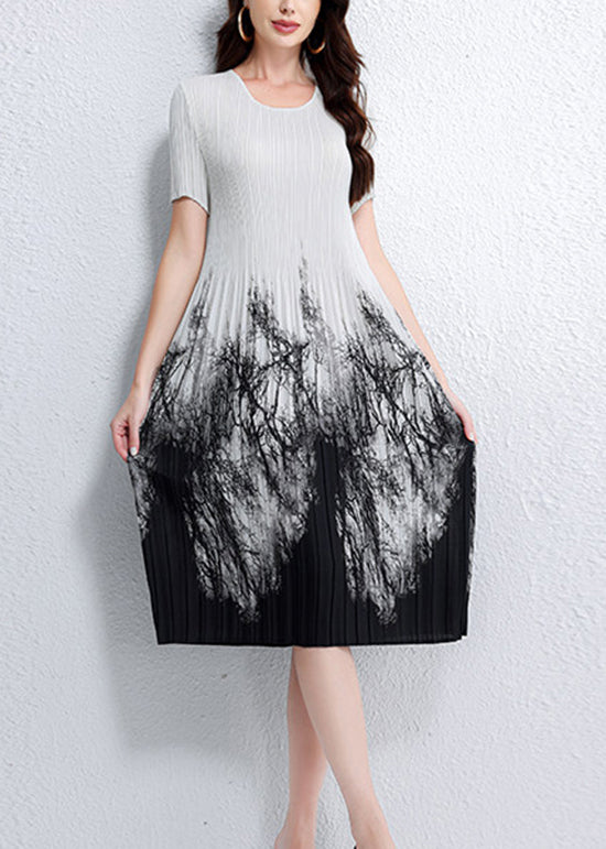 Italian O Neck Print Elasticity Wrinkled Dress Summer