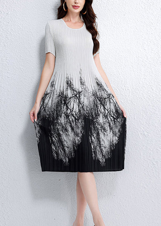 Italian O Neck Print Elasticity Wrinkled Dress Summer