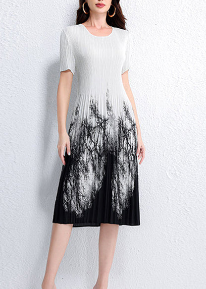 Italian O Neck Print Elasticity Wrinkled Dress Summer