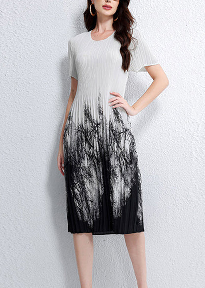 Italian O Neck Print Elasticity Wrinkled Dress Summer