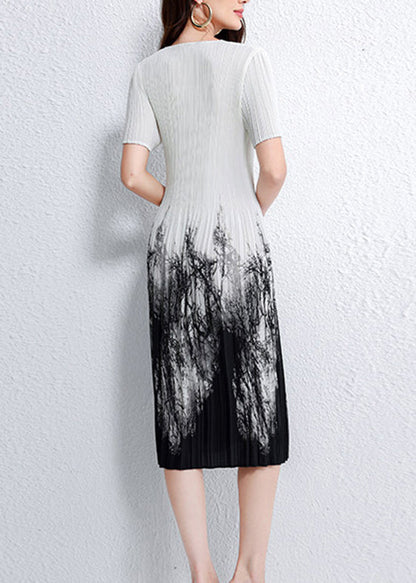 Italian O Neck Print Elasticity Wrinkled Dress Summer