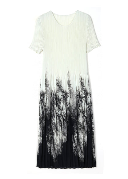 Italian O Neck Print Elasticity Wrinkled Dress Summer
