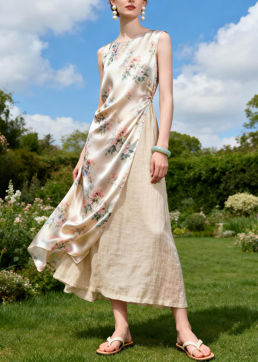 Italian O Neck Print Patchwork Linen Silk Dress Sleeveless