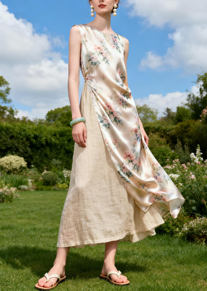 Italian O Neck Print Patchwork Linen Silk Dress Sleeveless