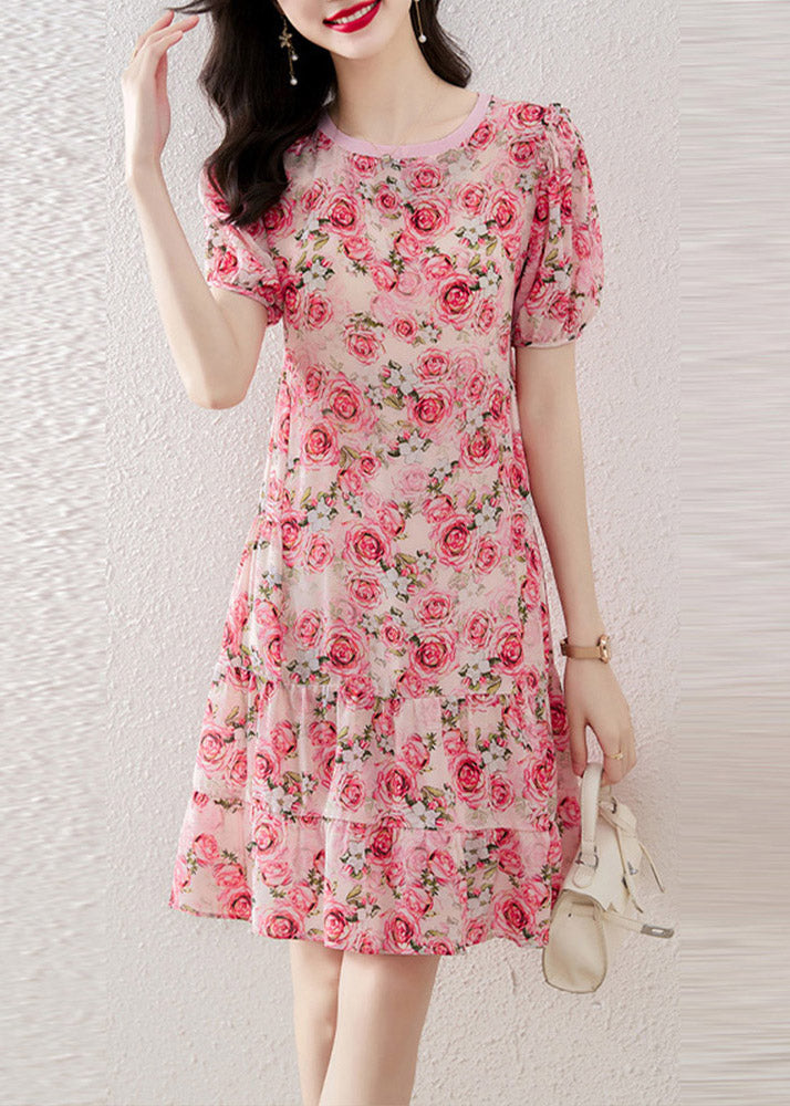 Italian O-Neck Print Wrinkled Silk Mid Dresses Short Sleeve