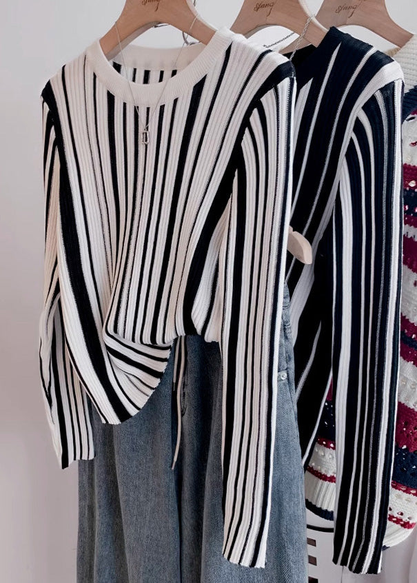 Italian O-Neck Striped Knit Sweater Tops Spring