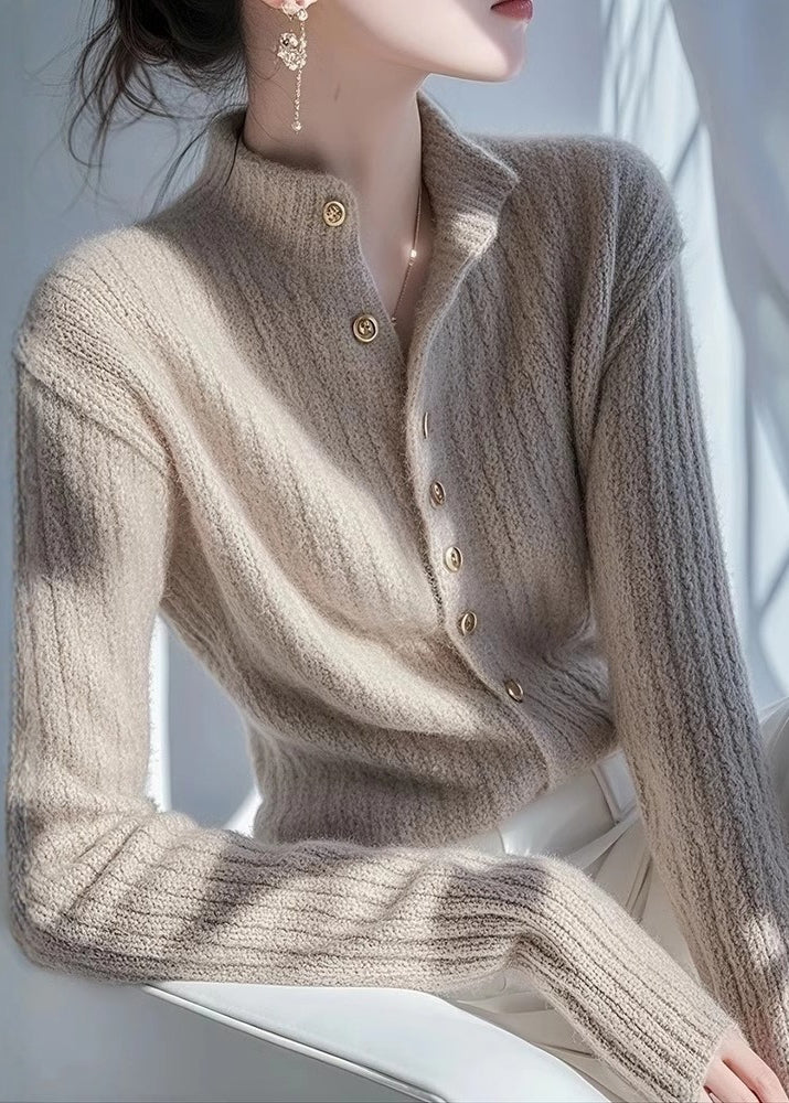 Italian Oatmeal Hign Neck Button Knit Cardigans Spring
