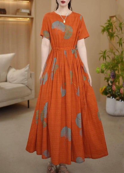 Italian Orange Cinched Print Cotton Maxi Dresses Summer