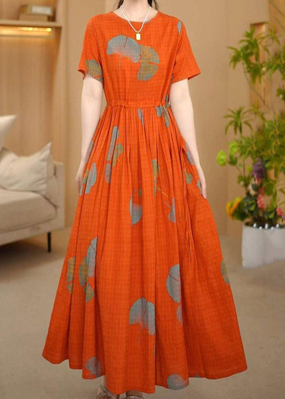 Italian Orange Cinched Print Cotton Maxi Dresses Summer