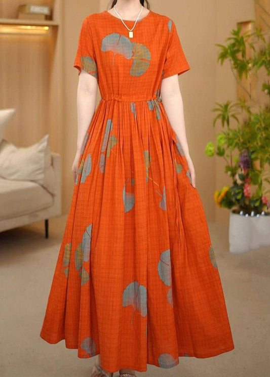 Italian Orange Cinched Print Cotton Maxi Dresses Summer