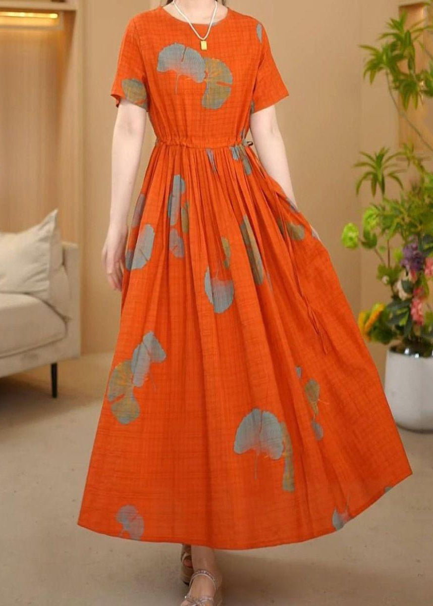 Italian Orange Cinched Print Cotton Maxi Dresses Summer
