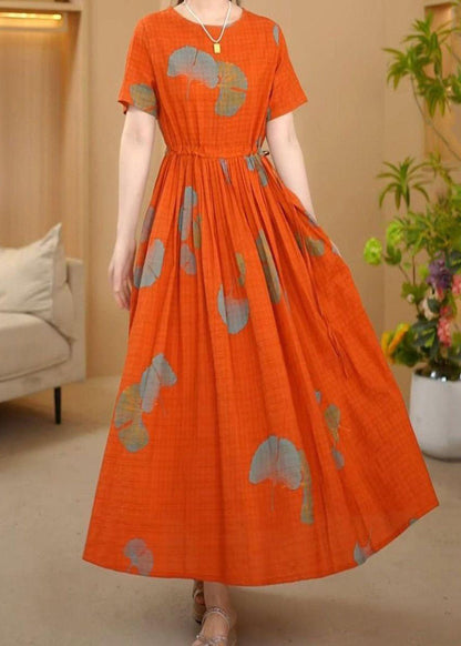 Italian Orange Cinched Print Cotton Maxi Dresses Summer