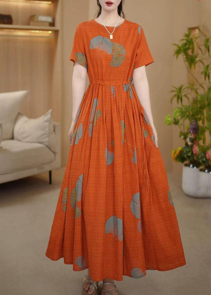 Italian Orange Cinched Print Cotton Maxi Dresses Summer