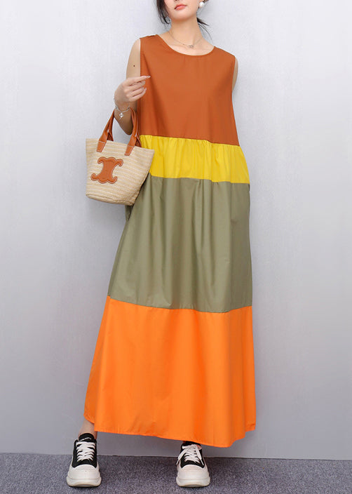Italian Orange Oversized Patchwork Cotton A Line Dress Sleeveless