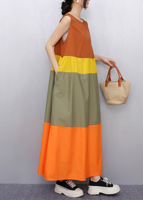 Italian Orange Oversized Patchwork Cotton A Line Dress Sleeveless