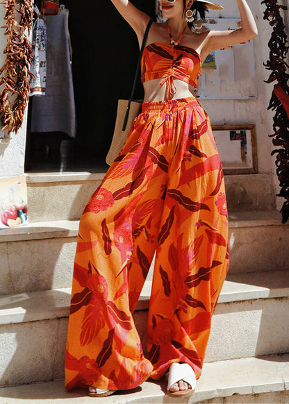 Italian Orange Print Cotton Strapless Tops And Wide Leg Pants Two Pieces Set Summer
