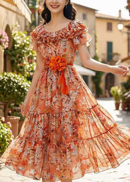Italian Orange Ruffled Print Chiffon Vacation Dresses Summer