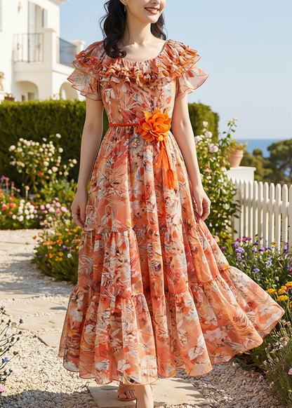 Italian Orange Ruffled Print Chiffon Vacation Dresses Summer