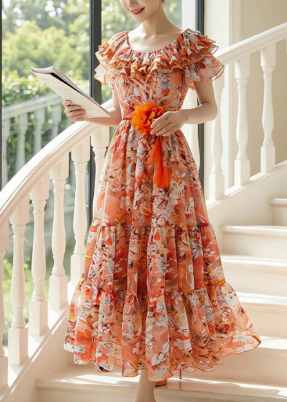 Italian Orange Ruffled Print Chiffon Vacation Dresses Summer