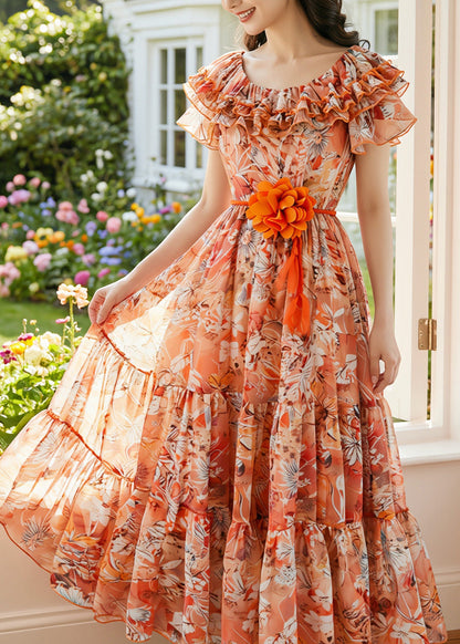 Italian Orange Ruffled Print Chiffon Vacation Dresses Summer