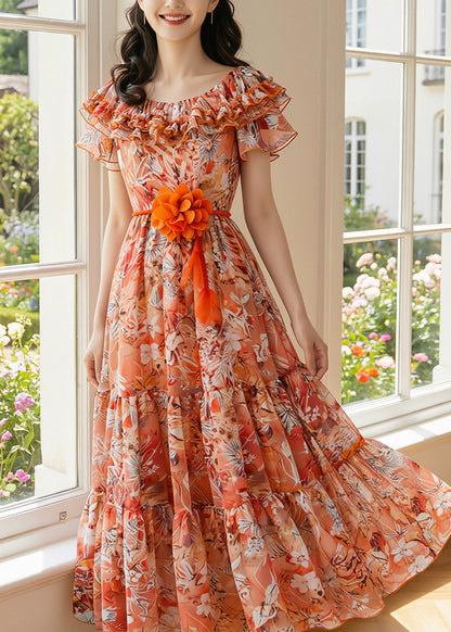 Italian Orange Ruffled Print Chiffon Vacation Dresses Summer
