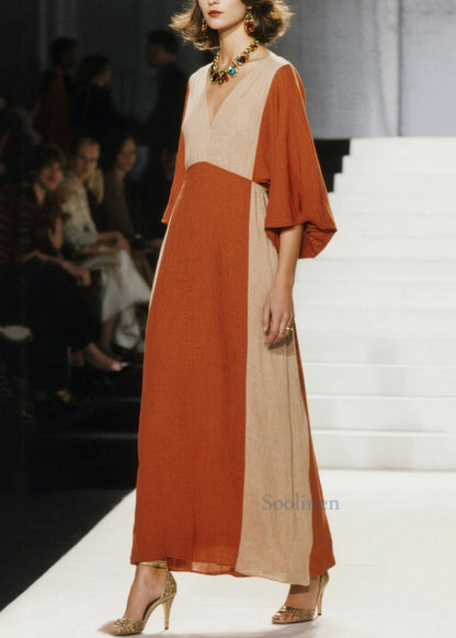 Italian Orange V Neck Patchwork Cotton Ankle Dress Spring
