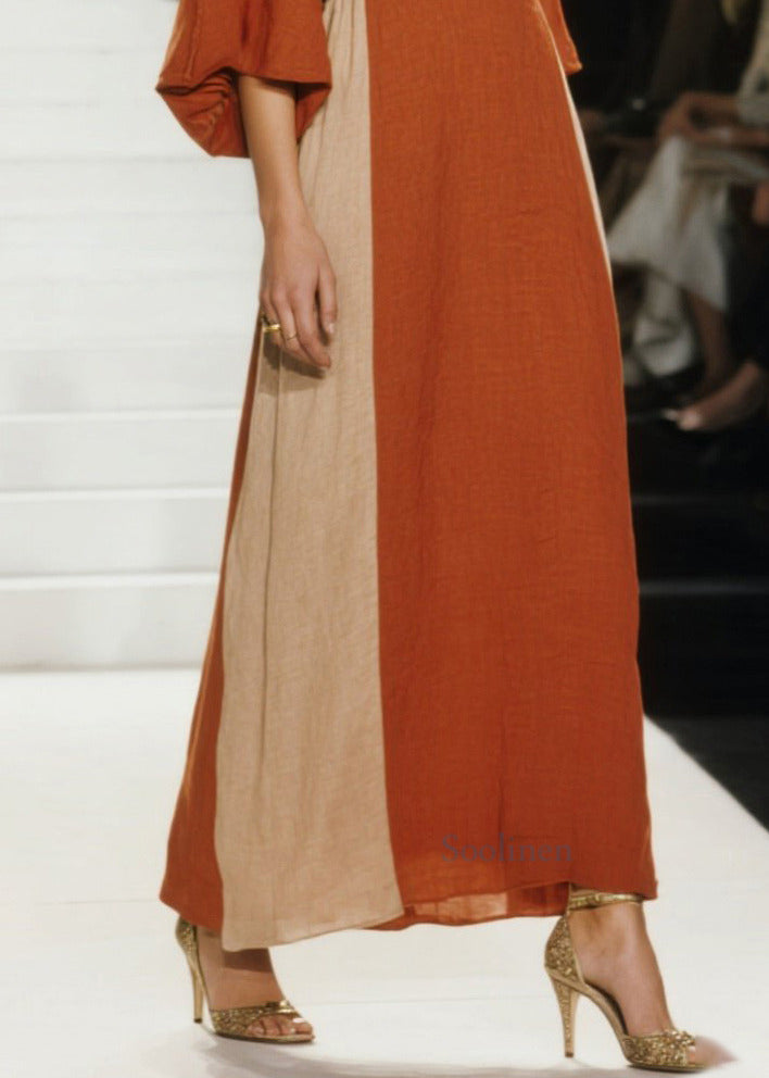 Italian Orange V Neck Patchwork Cotton Ankle Dress Spring