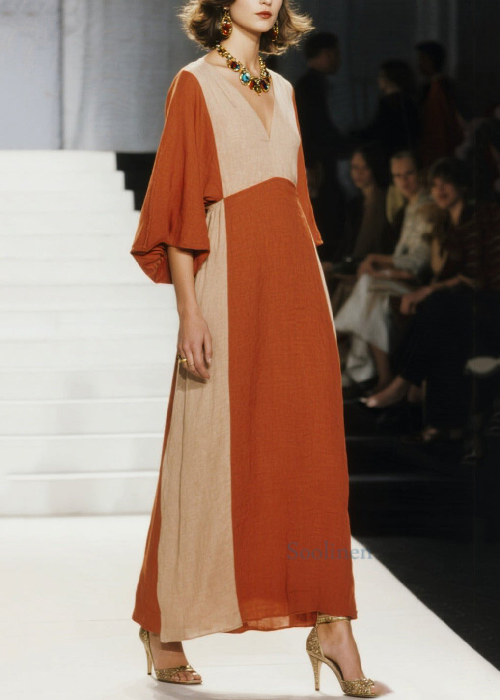 Italian Orange V Neck Patchwork Cotton Ankle Dress Spring