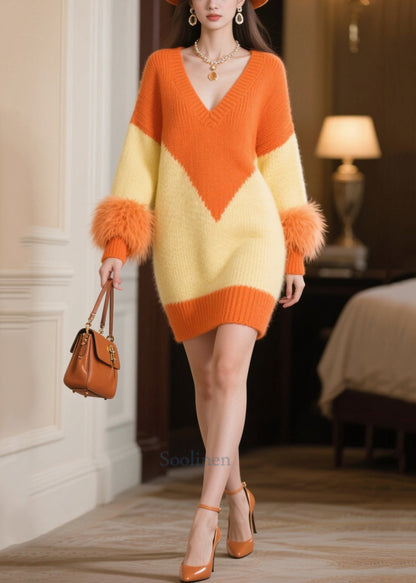 Italian Orange V Neck Patchwork Faux Fur Knitwear Dress Winter