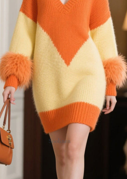 Italian Orange V Neck Patchwork Faux Fur Knitwear Dress Winter
