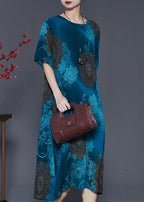 Italian Peacock Blue Oversized Print Chiffon Vacation Dresses Summer