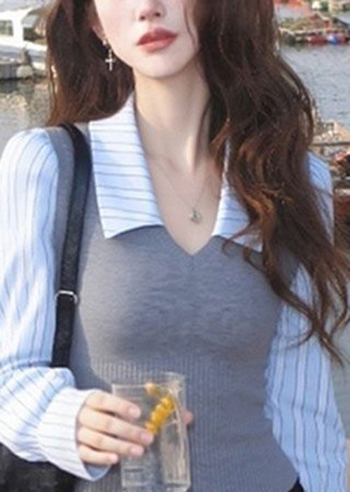 Italian Peter Pan Collar Striped Patchwork Knit Shirt Spring