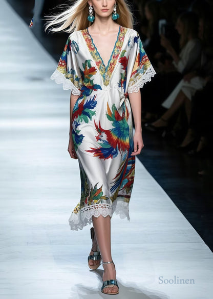 Italian Phoenix Print Patchwork Lace Silk Holiday Dress Summer