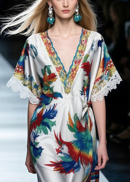 Italian Phoenix Print Patchwork Lace Silk Holiday Dress Summer