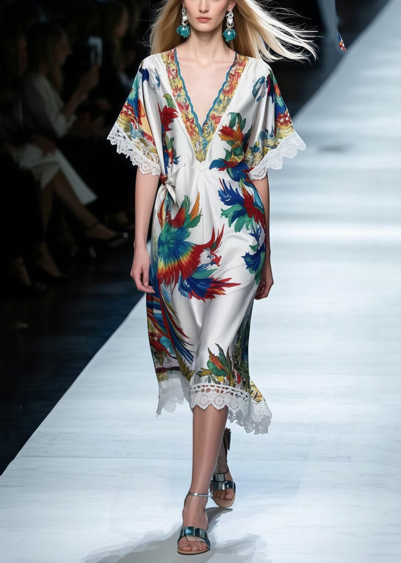 Italian Phoenix Print Patchwork Lace Silk Holiday Dress Summer