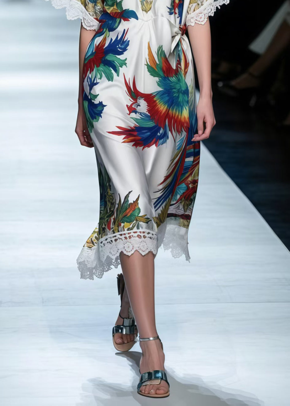 Italian Phoenix Print Patchwork Lace Silk Holiday Dress Summer