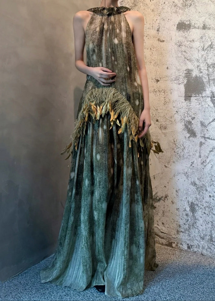 Italian Photo Color Lace Up Feather Patchwork Silk Long Dresses Sleeveless