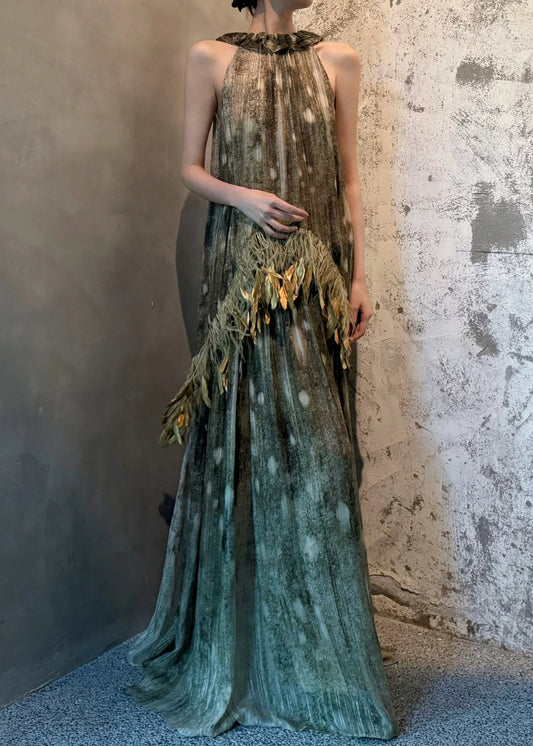 Italian Photo Color Lace Up Feather Patchwork Silk Long Dresses Sleeveless