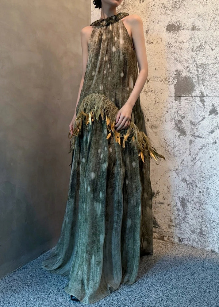 Italian Photo Color Lace Up Feather Patchwork Silk Long Dresses Sleeveless