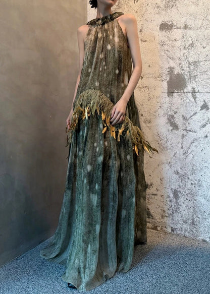 Italian Photo Color Lace Up Feather Patchwork Silk Long Dresses Sleeveless