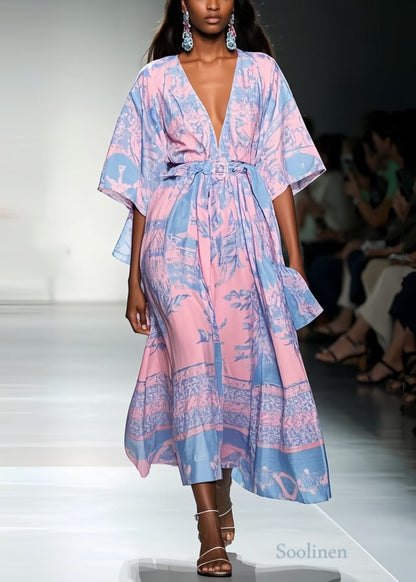 Italian Pink Cinched Print Chiffon Tunic Dress Summer