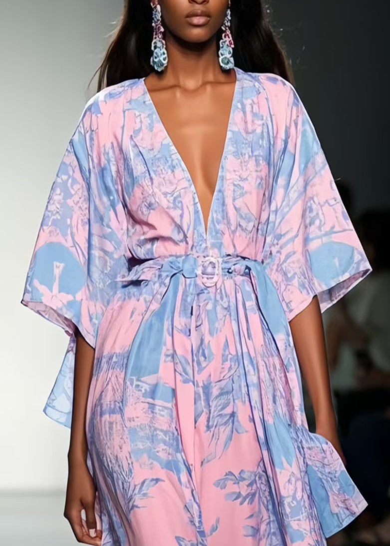 Italian Pink Cinched Print Chiffon Tunic Dress Summer