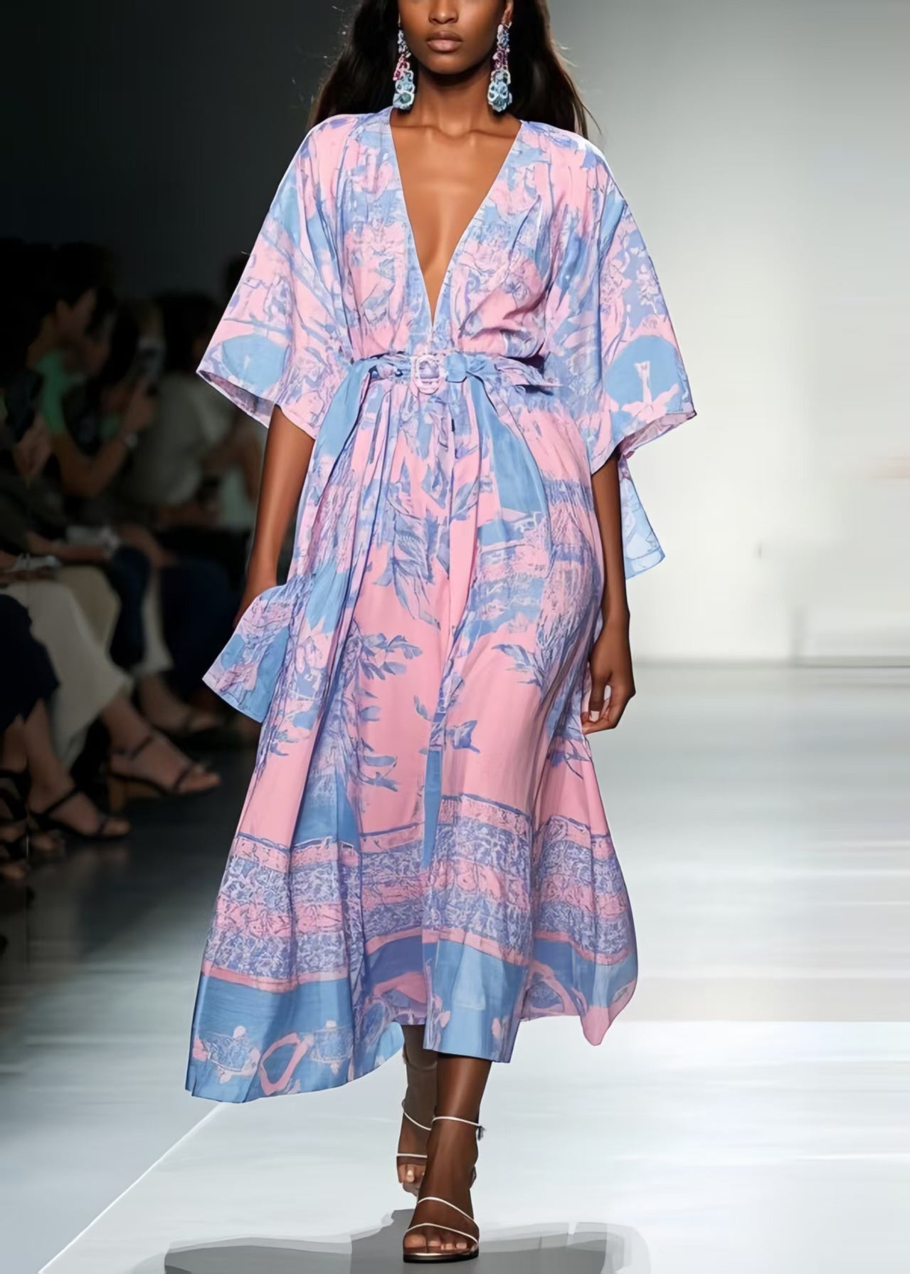Italian Pink Cinched Print Chiffon Tunic Dress Summer