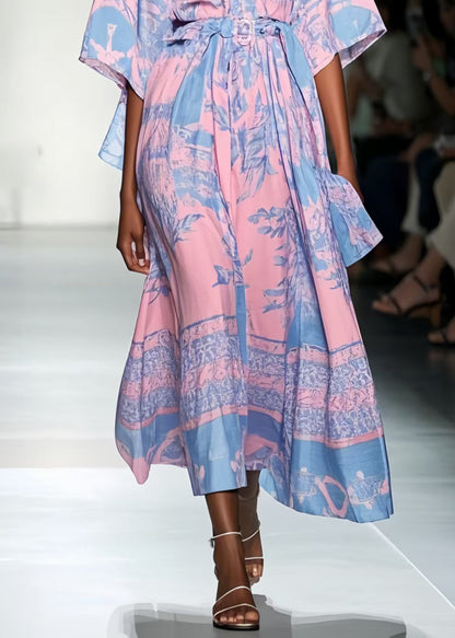 Italian Pink Cinched Print Chiffon Tunic Dress Summer