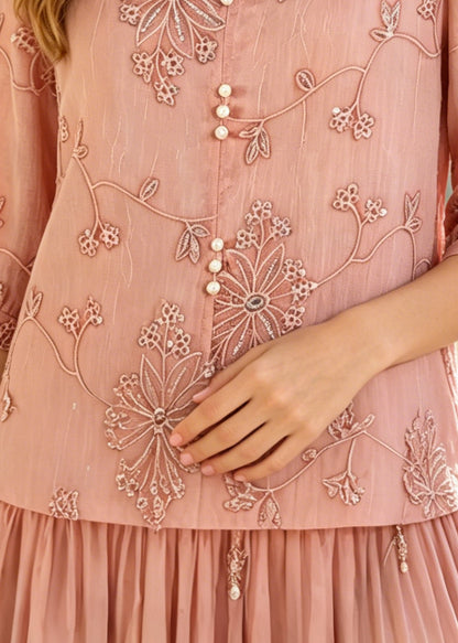 Italian Pink Embroidered Pearl Chiffon Shirt Tops Half Sleeve